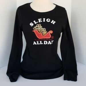 2/$25💥 Waffle Weave Christmas Graphic Black Thermal Top, Sleigh All Day (L)